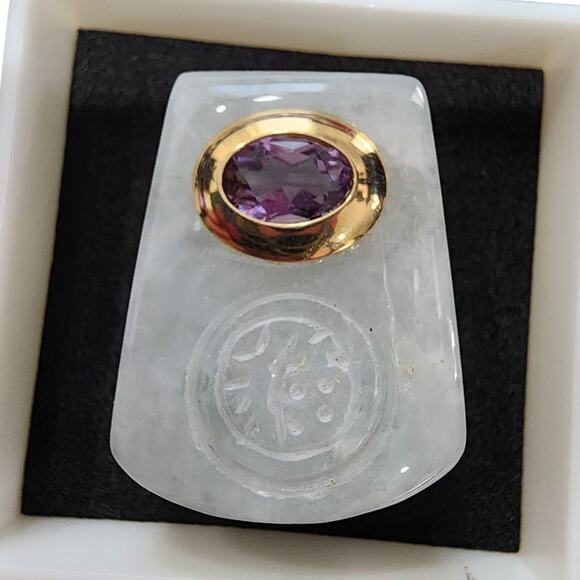 Vintage Amethyst Green Jadeite 14K Yellow Gold Necklace Slide Pendant Enhancer - Picture 1 of 9